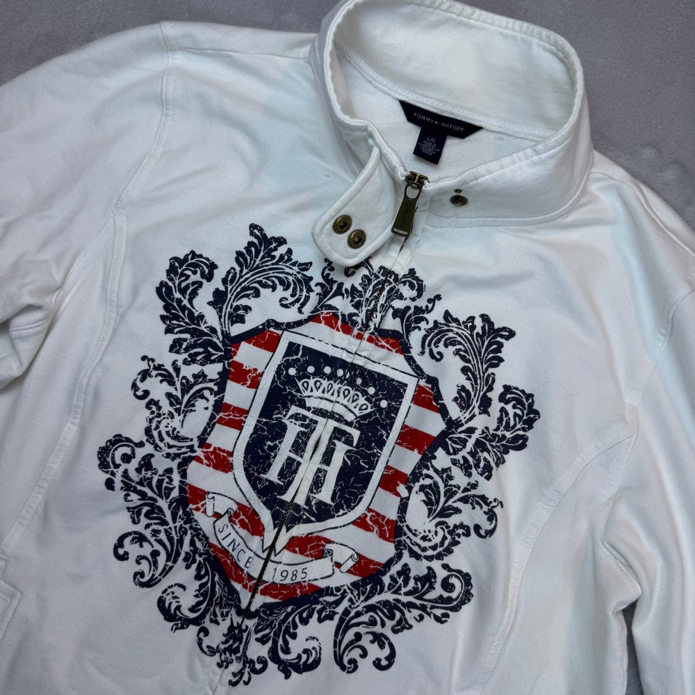 Tommy Hilfiger Full Zip Sweatshirt Womens L White Large Crest Logo Cotton Blend*
